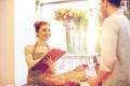 Florist woman and man making order at flower shop Royalty Free Stock Photo