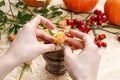 Florist at work: How to make bouquet of roses and chrysanthemums in vintage silver vase tutorial Royalty Free Stock Photo