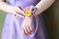 Florist at work: How to make a wrist corsage, tutorial Royalty Free Stock Photo