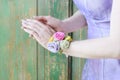 Florist at work: How to make a wrist corsage, tutorial Royalty Free Stock Photo