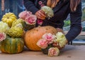 Flower Arranging with roses, pumpkins and gourds Royalty Free Stock Photo
