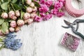 Florist workplace: flowers and accessories Royalty Free Stock Photo