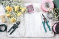 Florist workplace: flowers and accessories Royalty Free Stock Photo