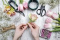 Florist workplace: flowers and accessories Royalty Free Stock Photo