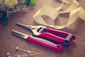 Florist workplace. Tools and accessories. Royalty Free Stock Photo