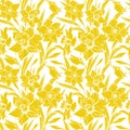 Floristic seamless pattern with closeup yellow silhouettes of daffodil flowers on white.