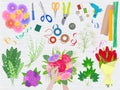 Floristics vector florists hands making beautiful floral bouquet and arranging flowers in flowershop illustration of Royalty Free Stock Photo