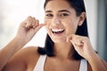 Floss, teeth and dental with woman in bathroom for morning routine, oral hygiene and healthy gums. Wellness, cleaning Royalty Free Stock Photo