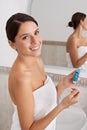 Floss, teeth and portrait of woman in bathroom of home with dental, self care and wellness. Cleaning, tooth and gums for Royalty Free Stock Photo