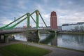 Flosserbrucke Bridge, Main Plaza Building and River Main - Frankfurt, Germany