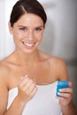 Flossing, teeth and portrait of woman in bathroom of home with dental, self care and wellness. Cleaning, tooth and gums Royalty Free Stock Photo