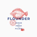 Flounder Fillets Abstract Vector Sign, Symbol or Logo Template. Hand Drawn Flat Fish with Premium Modern Typography Royalty Free Stock Photo