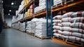 Flour bags in warehouses are stacked on pallets, factories for processing and as mix ingredient