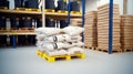 Flour bags in warehouses are stacked on pallets, factories for processing and as mix ingredient