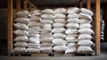 Flour bags in warehouses are stacked on pallets, factories for processing and as mix ingredient