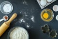 Flour, baking powder, cinnamon, eggs, cookie moulds and rolling pin on a black background Royalty Free Stock Photo