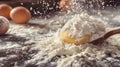The flour in bowl, egg, milk and whip for beating. Royalty Free Stock Photo