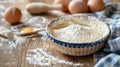 The flour in bowl, egg, milk and whip for beating. Royalty Free Stock Photo