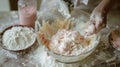 The flour in bowl, egg, milk and whip for beating. Royalty Free Stock Photo