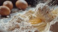 The flour in bowl, egg, milk and whip for beating. Royalty Free Stock Photo