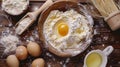 The flour in bowl, egg, milk and whip for beating. Royalty Free Stock Photo