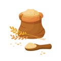 Flour in burlap bag with wooden scoop. Sack with wheat flour, grains, ears of wheat. Flour bale in cartoon style, vector Royalty Free Stock Photo