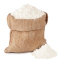 Flour in burlap sack and heap isolated on white