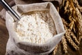 Flour in burlap sack with scoop of metal Royalty Free Stock Photo