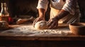 flour cook pastry baker kitchen food hands chef dough knead. Generative AI.