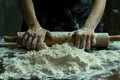 Flour covers the table as hands work to roll out dough using a wooden rolling pin in the kitchen. Generative AI Royalty Free Stock Photo