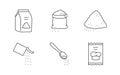 Flour doodle illustration including icons - sack, sugar, sachet, yeast powder, teaspoon. Thin line art about baking