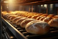 Flour dusted bakery conveyor rolls out a tempting array of fresh bread Royalty Free Stock Photo