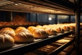 Flour dusted bakery conveyor rolls out a tempting array of fresh bread Royalty Free Stock Photo