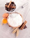 Flour, egg and ingredients Royalty Free Stock Photo
