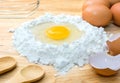 Flour with egg and ingredients for homemade bakery on wooden background Royalty Free Stock Photo