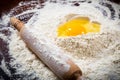 Flour, egg and rolling pin on table Royalty Free Stock Photo