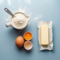 Flour, eggs, and butter are arranged on a light blue surface. A white measuring cup Royalty Free Stock Photo