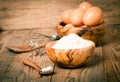 Flour and eggs, ingredients for baking.