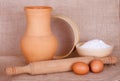 Flour, eggs and kitchen utensil Royalty Free Stock Photo