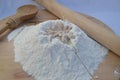 Flour heap with a fresh beer yeast and water for preparation of pizza dough. Royalty Free Stock Photo