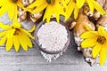 Flour of Jerusalem artichoke in bowl on board top