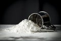 Flour on a kitchen table on a black moody background in the morning light. Space for advertising products.