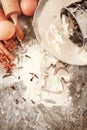 Flour metal bowl with wooden rolling pin on stone table Royalty Free Stock Photo