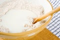 Flour, milk and a spoon in a bowl