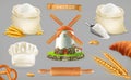 Flour. Mill, wheat, bread and chef hat. Vector icon set Royalty Free Stock Photo