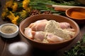 flour mix in a bowl beside raw marinated chicken