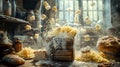 Flour and pasta explosion in a rustic kitchen during daylight Royalty Free Stock Photo