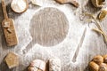 Flour powder and bakery on wooden table Royalty Free Stock Photo