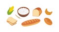 Flour products vector illustrations set. Long loaf, bread slices and wheat ear. Natural food and ingredients. Delicious