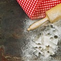 Flour, rolling pin and cookie cutters. Christmas food Royalty Free Stock Photo